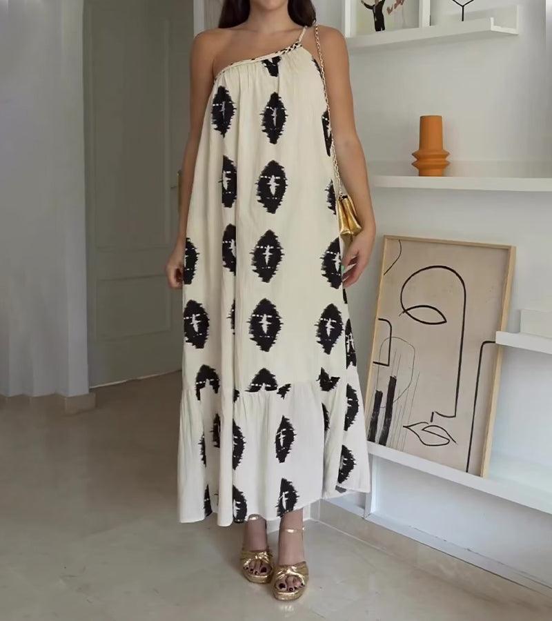 Asymmetrical Tribal Print Maxi Dress | Beige | Boho Chic | Cotton - ZyraLux Kleding en accessoires