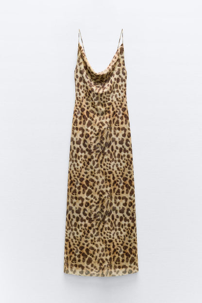 Leopard Print Cowl Neck Maxi Dress | Leopard | Satin Blend | Bold and Stylish - ZyraLux Kleding en accessoires