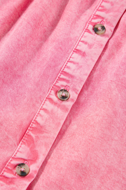 Chique roze geplooide denim mini-jurk met korte mouwen en knoopdetail