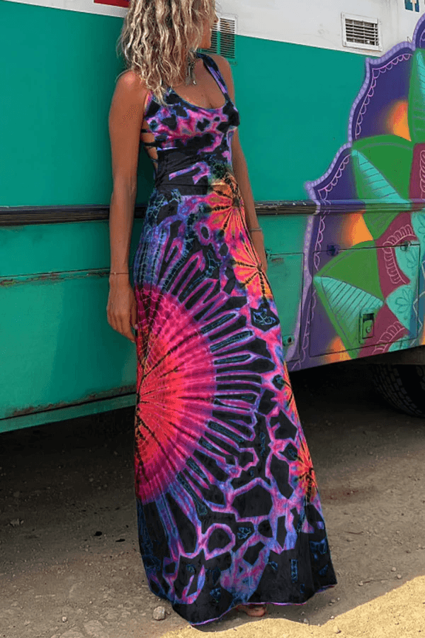 Cosmic Vibes Maxi Dress | Multicolor | Festival Ready | Stretch Knit - ZyraLux Kleding en accessoires