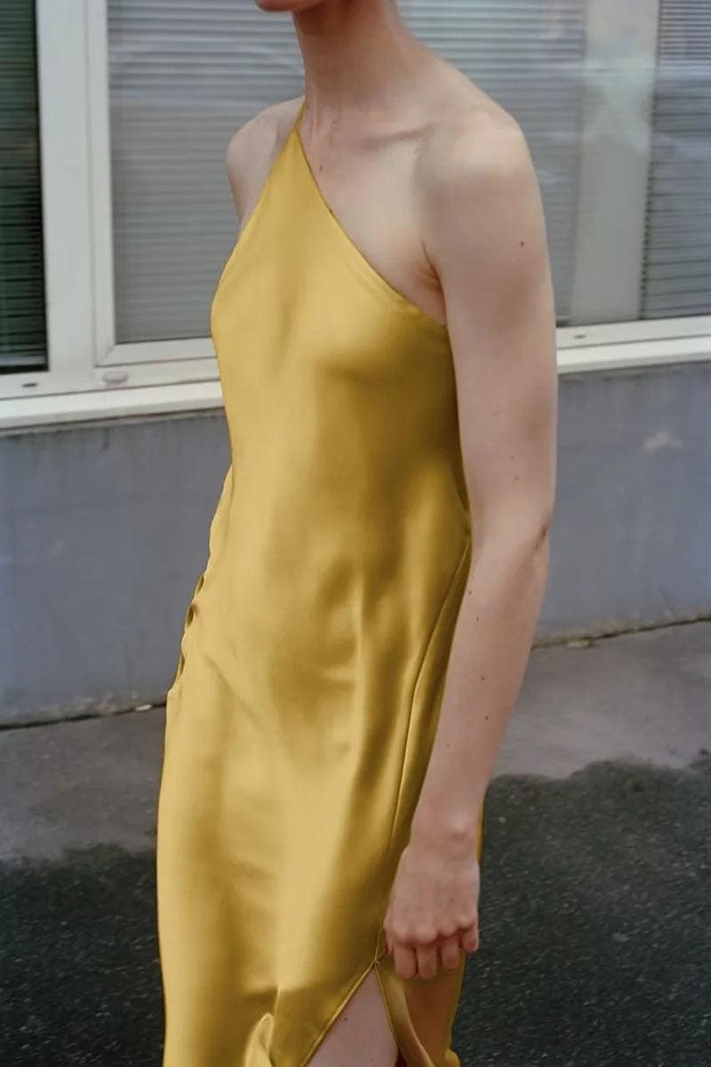 Asymmetrical One-Shoulder Slip Dress | Yellow | Modern Elegance | Satin - ZyraLux Kleding en accessoires