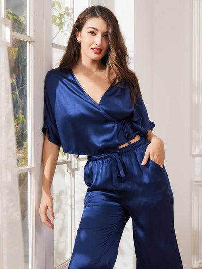 NOÉMIE - Silk Pajama Set with Lace and Short Sleeves - ZyraLux Pyjama