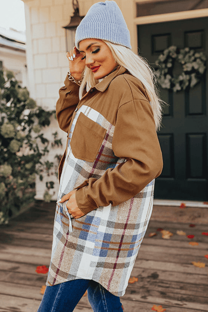 Chique Khaki Plaid Patchwork Lange Mouw Shirtjurk