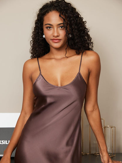 Silk Night - Long Silk Nightgown with Spaghetti Straps - ZyraLux Nightgown