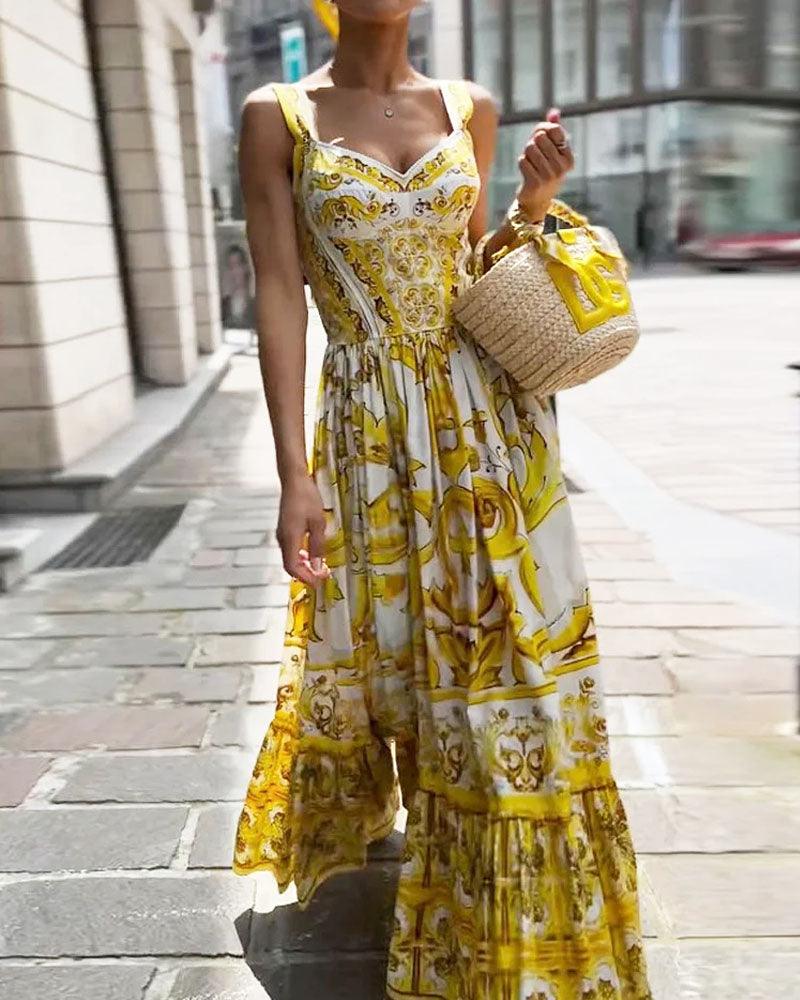 Baroque Print Maxi Dress | Yellow | Summer Elegance | Cotton - ZyraLux Kleding en accessoires