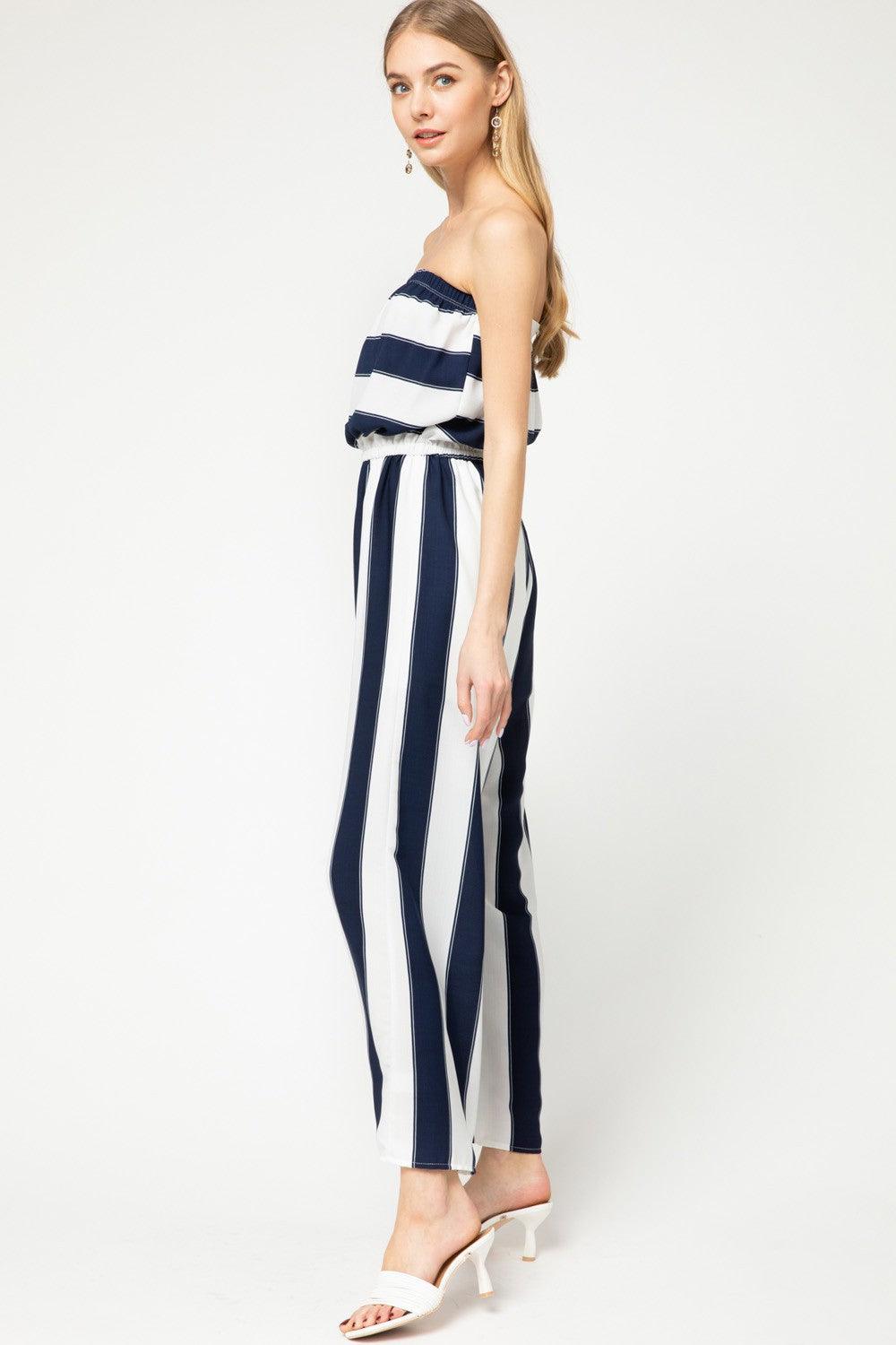 Navy & White Striped Strapless Jumpsuit - ZyraLux wedding