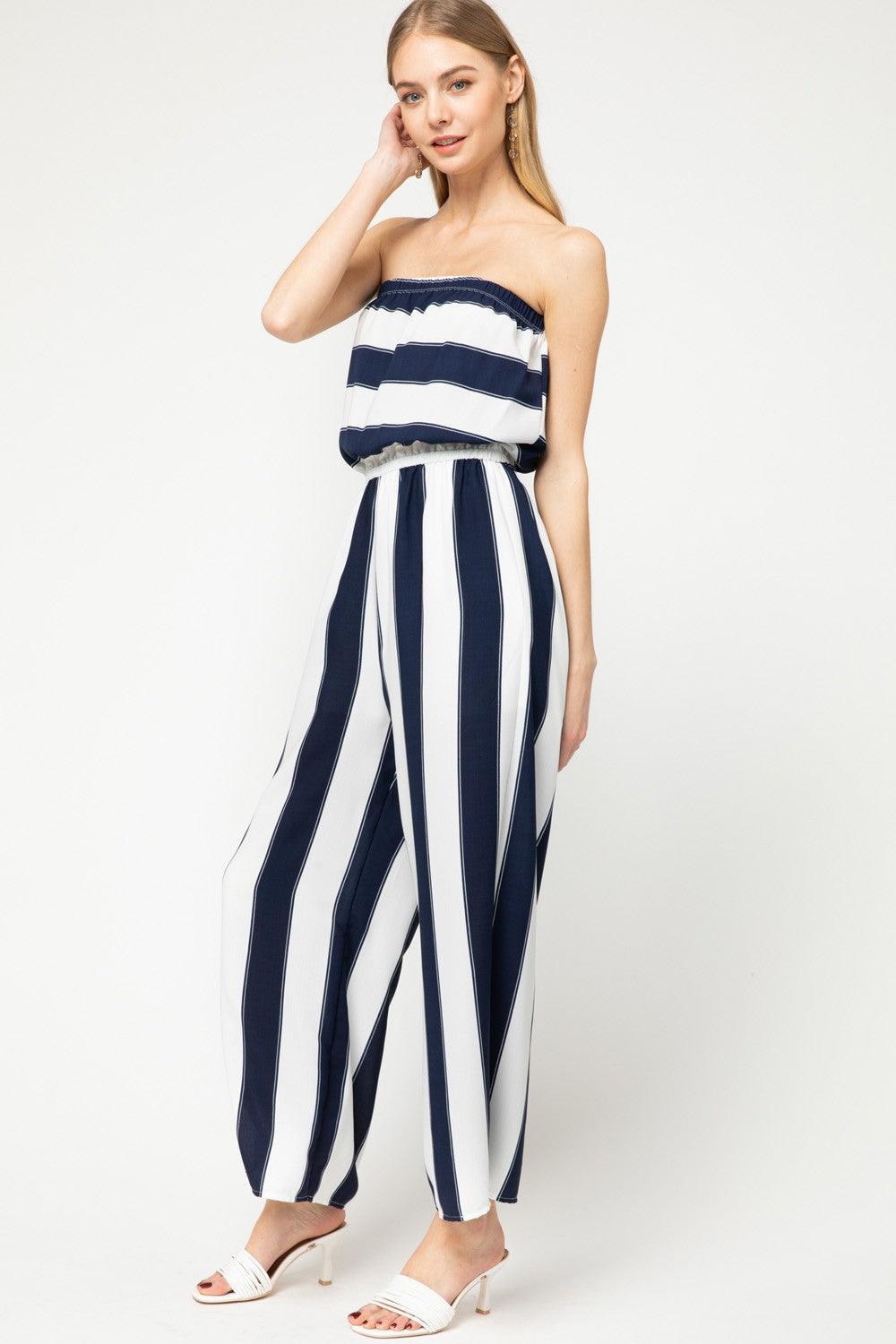 Navy & White Striped Strapless Jumpsuit - ZyraLux wedding