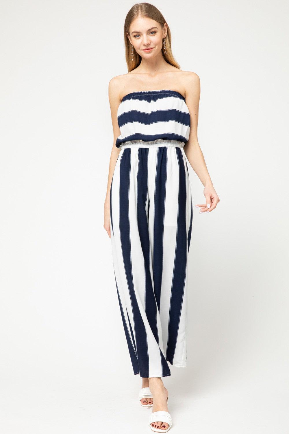 Navy & White Striped Strapless Jumpsuit - ZyraLux wedding