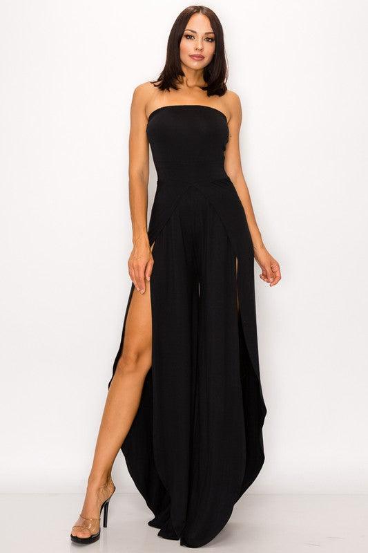 Strapless Black High Slit Jumpsuit - ZyraLux Jumpsuit