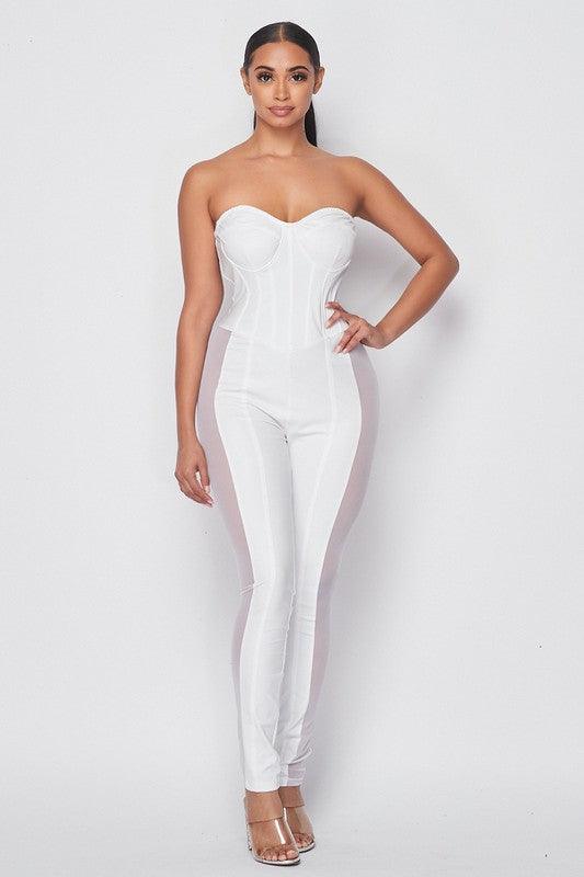 Witte PU Off Shoulder Corset Jumpsuit met Baleinen