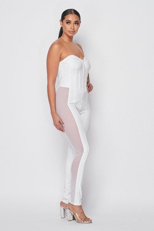 Witte PU Off Shoulder Corset Jumpsuit met Baleinen