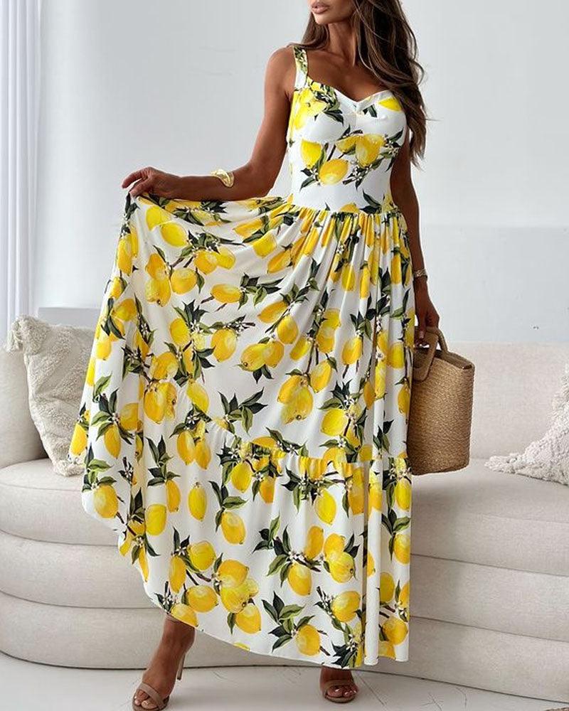 Lemon Print Maxi Dress | Yellow | Summer Freshness | Cotton Blend - ZyraLux Kleding en accessoires