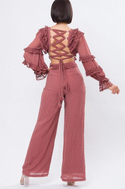 Swiss Dot Dusty Pink Diepe V-hals Lange Mouw Jumpsuit