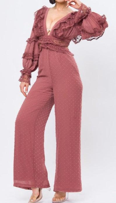 Swiss Dot Dusty Pink Diepe V-hals Lange Mouw Jumpsuit