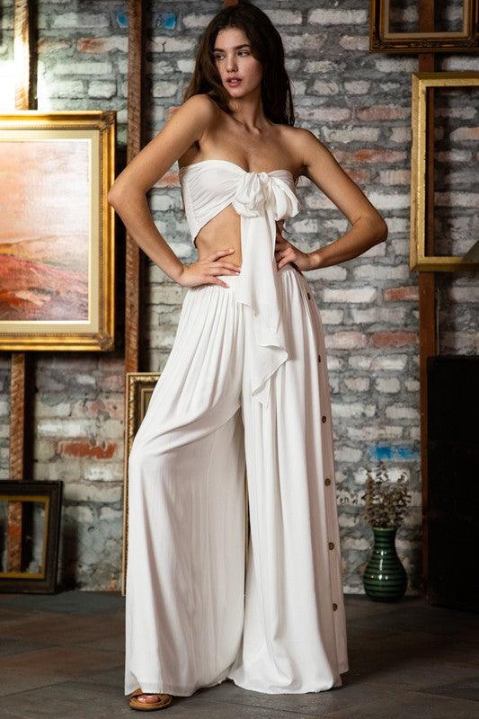 Bow Tie Bandeau White Wide Leg Jumpsuit - ZyraLux Jumpsuit