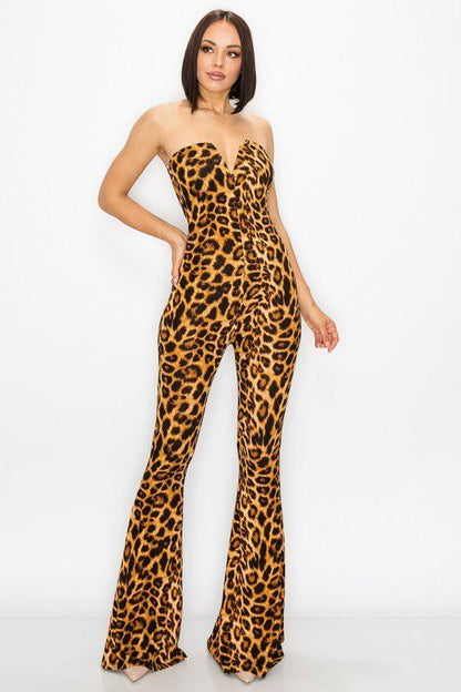 Leopard Strapless V Cut Bell Sleeve Jumpsuit - ZyraLux Jumpsuit