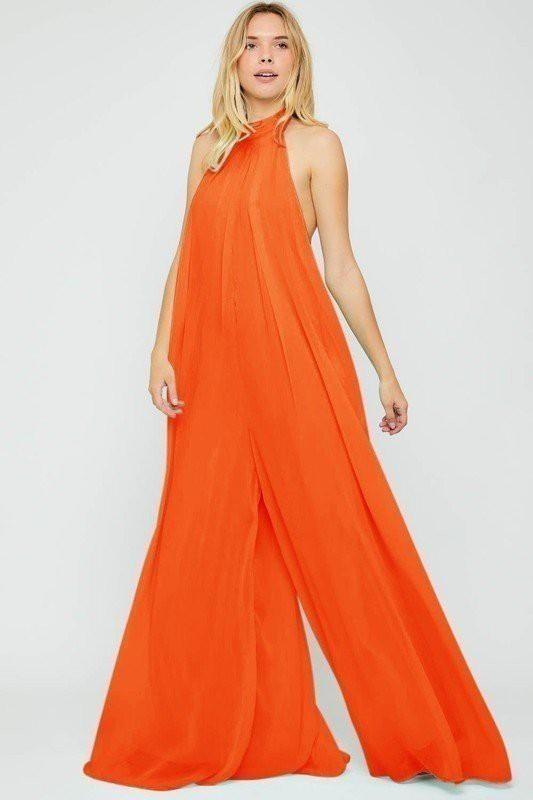 Halter Neck Orange Backless Loose Fit Chiffon Wide Leg Jumpsuit - ZyraLux Jumpsuit