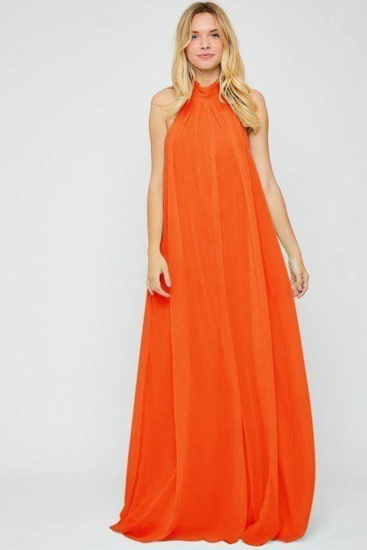 Halter Neck Orange Backless Loose Fit Chiffon Wide Leg Jumpsuit - ZyraLux Jumpsuit