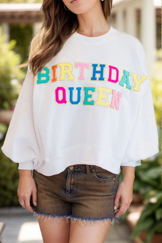 Sprankelende Birthday Queen Sequin Sweatshirt met stijlvolle ronde hals en lange mouwen