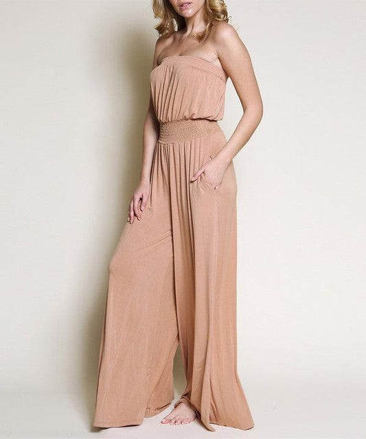 Bamboo Camel Strapless Knit Jumpsuit w/Pockets - ZyraLux