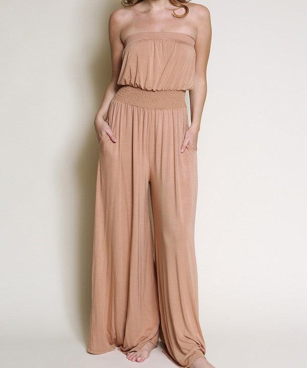 Bamboo Camel Strapless Knit Jumpsuit w/Pockets - ZyraLux