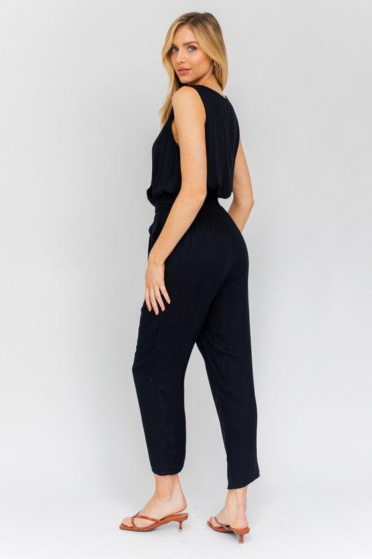 Black Deep V Sleeveless Surplus Jumpsuit - ZyraLux