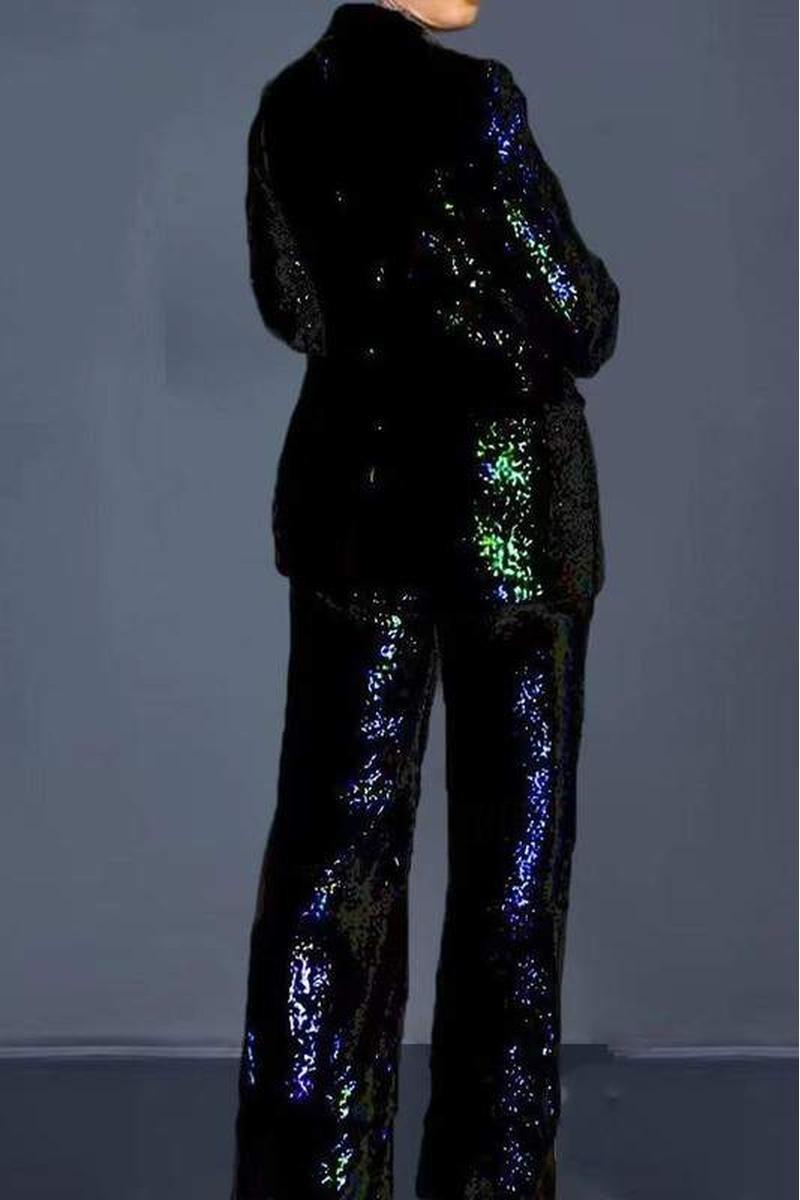 Exclusive Luxury Black Sequin Glitter Long Sleeve Blazer & Pants Suit - ZyraLux