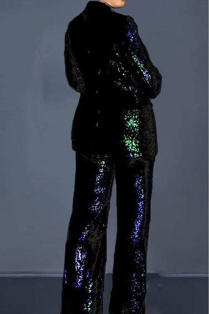 Exclusive Luxury Black Sequin Glitter Long Sleeve Blazer & Pants Suit - ZyraLux