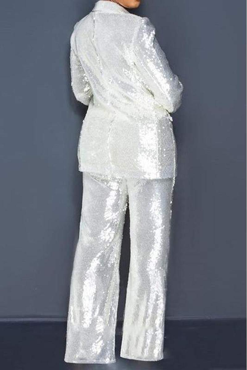 Exclusive Luxury White Sequin Glitter Long Sleeve Blazer & Pants Suit - ZyraLux