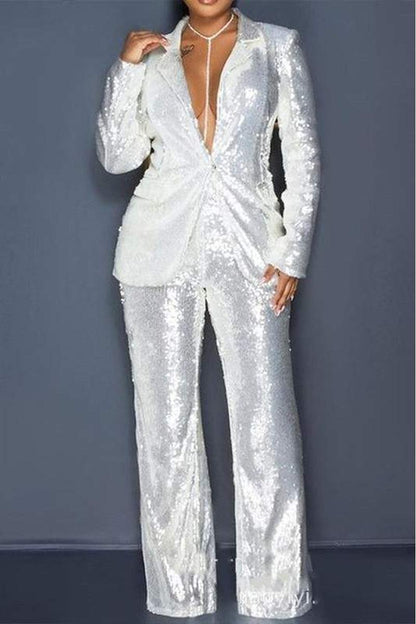 Exclusive Luxury White Sequin Glitter Long Sleeve Blazer & Pants Suit - ZyraLux