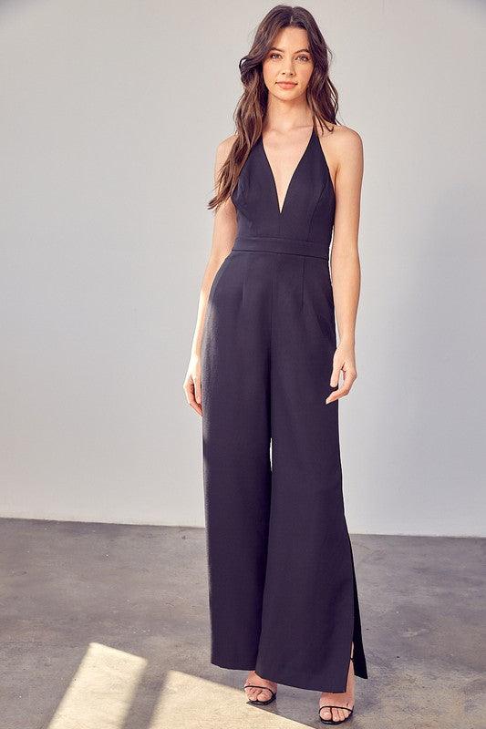 Glam Black Deep V Neck Wide Leg Jumpsuit - ZyraLux