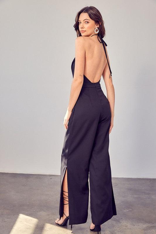 Glam Black Deep V Neck Wide Leg Jumpsuit - ZyraLux