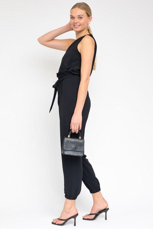 Black Sleeveless One Shoulder Waist Tie Jumpsuit - ZyraLux