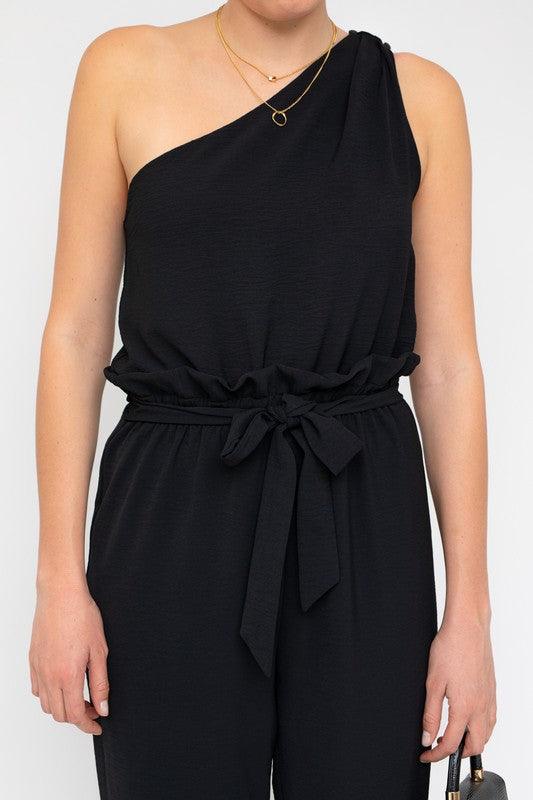 Black Sleeveless One Shoulder Waist Tie Jumpsuit - ZyraLux