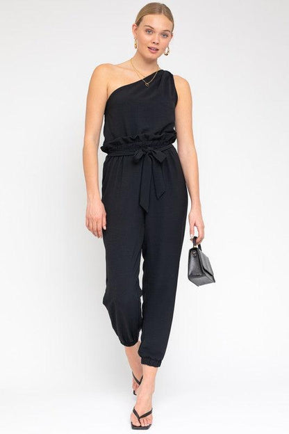 Black Sleeveless One Shoulder Waist Tie Jumpsuit - ZyraLux