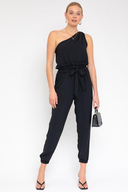 Black Sleeveless One Shoulder Waist Tie Jumpsuit - ZyraLux