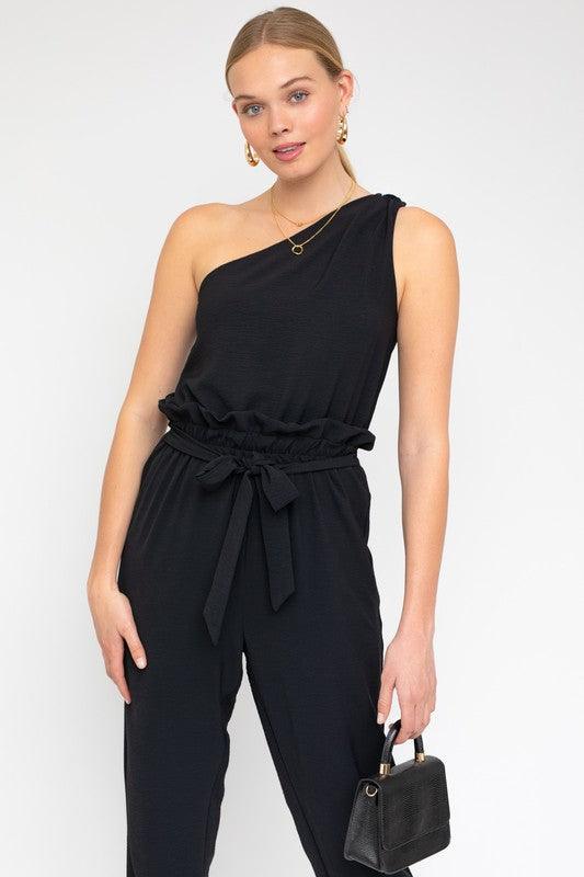 Black Sleeveless One Shoulder Waist Tie Jumpsuit - ZyraLux