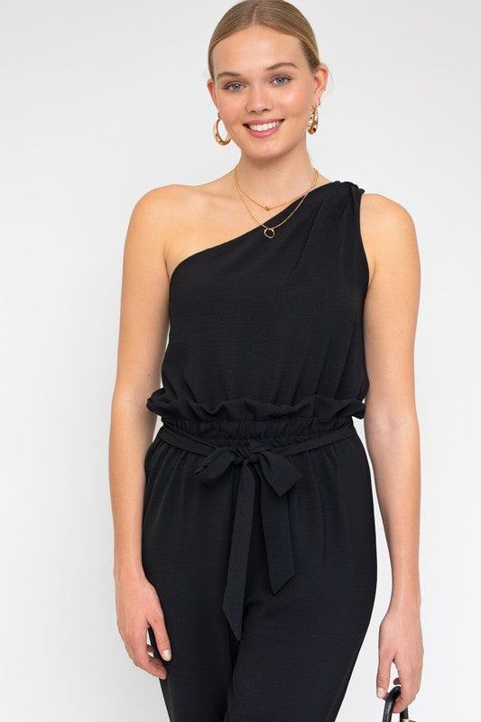 Black Sleeveless One Shoulder Waist Tie Jumpsuit - ZyraLux