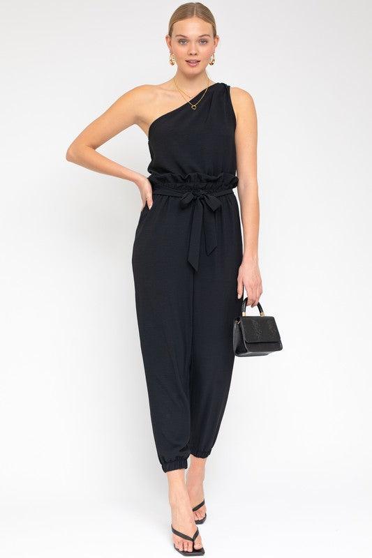 Black Sleeveless One Shoulder Waist Tie Jumpsuit - ZyraLux