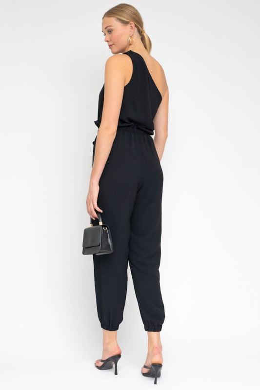 Black Sleeveless One Shoulder Waist Tie Jumpsuit - ZyraLux