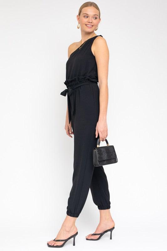 Black Sleeveless One Shoulder Waist Tie Jumpsuit - ZyraLux