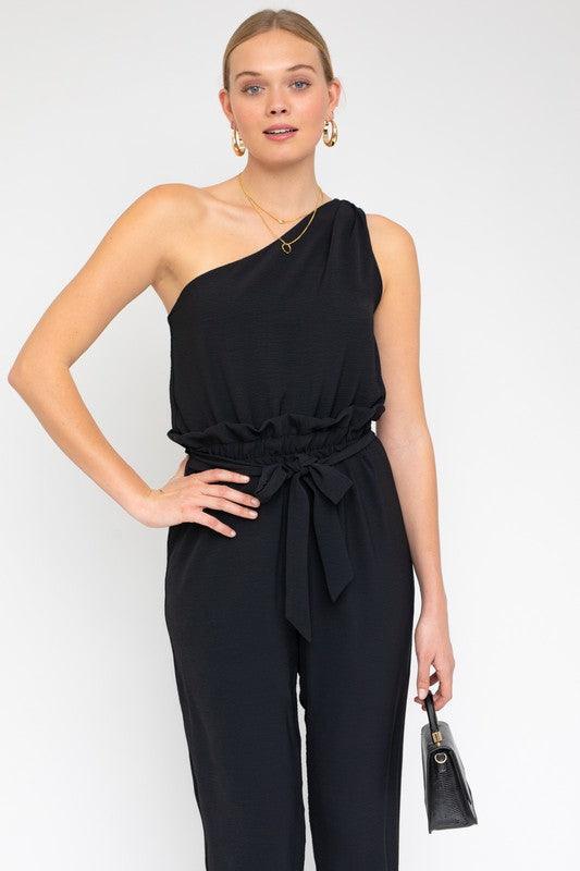 Black Sleeveless One Shoulder Waist Tie Jumpsuit - ZyraLux