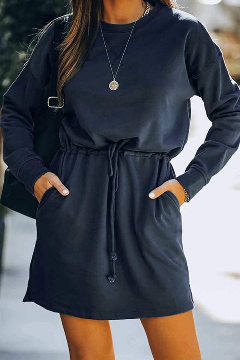 Maybelene - fashion elegant draw string frenulum o-neck dress - ZyraLux