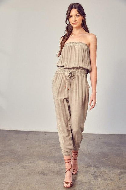 Raw Edge Taupe Strapless Detail Tube Jumpsuit - ZyraLux