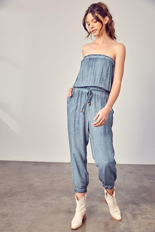 Raw Edge Blue Strapless Detail Tube Jumpsuit - ZyraLux