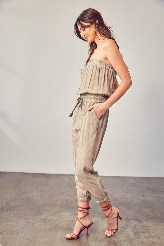 Raw Edge Taupe Strapless Detail Tube Jumpsuit - ZyraLux