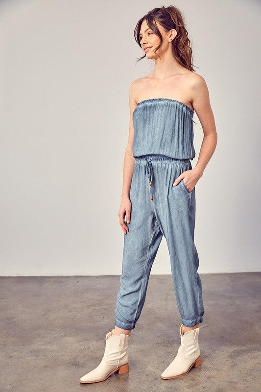 Raw Edge Blue Strapless Detail Tube Jumpsuit - ZyraLux