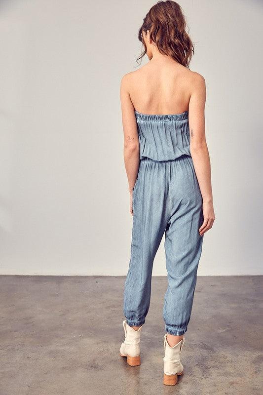 Raw Edge Blue Strapless Detail Tube Jumpsuit - ZyraLux