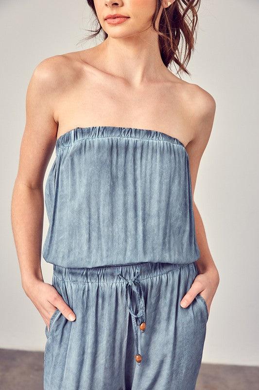 Raw Edge Blue Strapless Detail Tube Jumpsuit - ZyraLux