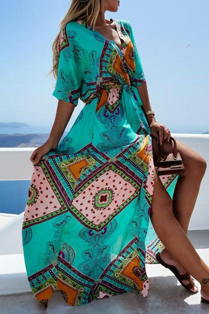 Jennifer - summer printed long dress with V-neck - ZyraLux